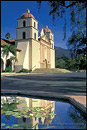 Picture: Front of the Historic Mission Santa Barbara Chapel reflected in fountain water, Santa Barbara, California