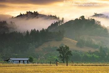 Sunrise and fog over hills along Knights Valley, Sonoma County, California
