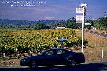 Sign points to wineries, driving along the backroads of the Alexander Valley, Sonoma County, California