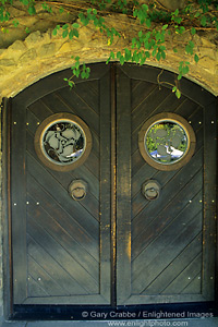 Wooden door and stone arch at Ravenswood winery tasting room, Sonoma Valley, California