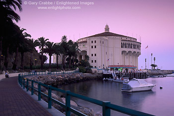 Picture: Evening light over the Casino Building and Avalon Harbor, Catalina Island, California