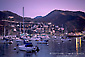 Evening lights over boats in Avalon Harbor, Santa Catalina Island, California