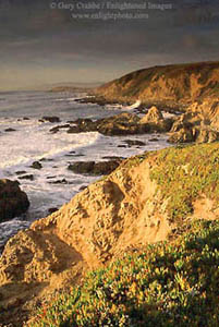 Sunset light on coastal cliffs along the Pacific Ocean, Bodega Head, Sonoma county coast, California