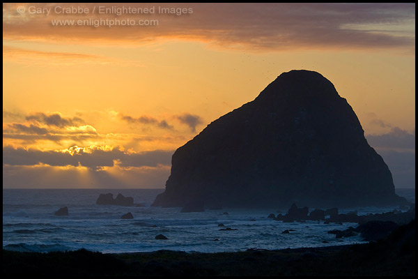 Sunset over Sugarloaf Rock at Cape Mendocino, the westernmost point of land in the contiguous US, on the Lost Coast, California