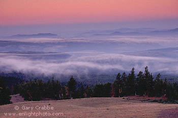 Pre-dawn glow and mist rising over trees and forested rolling hills at sunrise, from the rim of Crater Lake, Crater Lake National Park, Oregon