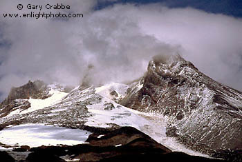 Fall storm shrouds the summit of Mount Hood volcano from Timberline Lodge,  Mount Hood National Recreation Area, Oregon