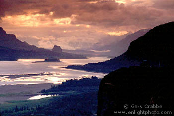 Stormy sunrise over Crown Point and the Columbia River, Columbia River Gorge National Recreation Area, near Portland, Oregon