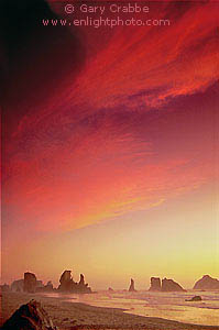 Primeval sunset over beach and seastacks, Bandon, southern Oregon coast.