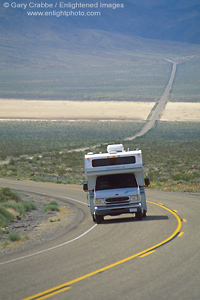 Picture: Recreational Vehicle RV Camper on desert highway road near Death Valley, California