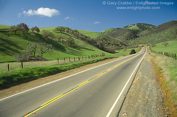 Image: Two lane rural country road through green hills in spring, near Mount Diablo, California