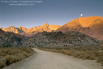 Photo: Moonset and alpenglow on mountains over dirt road in the Eastern Sierra, near Bishop, California