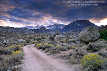 Photo: Sunset storm clouds over dirt road below Basin Mountain, Eastern Sierra, near Bishop, California