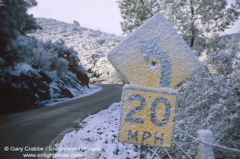 Picture: Caution sign at corner turn on snow dusted road, Mines Road, Alameda County, California