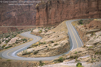 Picture: Twisting sharp corners on road into Arches National Park, near Moab, Utah