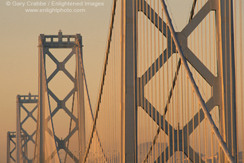 Photo: Suspension Bridge Towers and Cables detail, San Francisco - Oakland Bay Bridge at sunrise, San Francisco, California