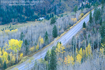 Picture: Rural Mountain highway through aspen trees in fall, near McClure Pass, Colorado