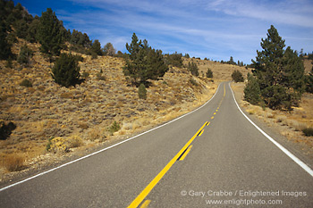 Photo: Two lane straight mountain road rising over Monitor Pass, Eastern Sierra, California