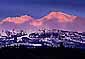 Alpenglow at sunset on Mount Shasta volcano after a winter storm, near Weed, Siskiyou County, Northern California