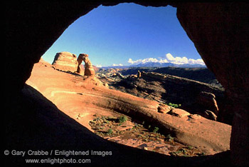 Delicate Arch seen through Frame Arch rock window, Arches National Park, Utah