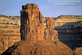 Photo: Morning light on eroded red rock sandstone butte and mesa, Valley of the Gods, Utah