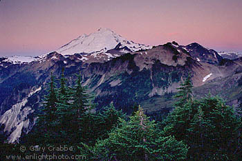 Pre-dawn light over Mount Baker volcano, Cascade Mountain Range, Washington