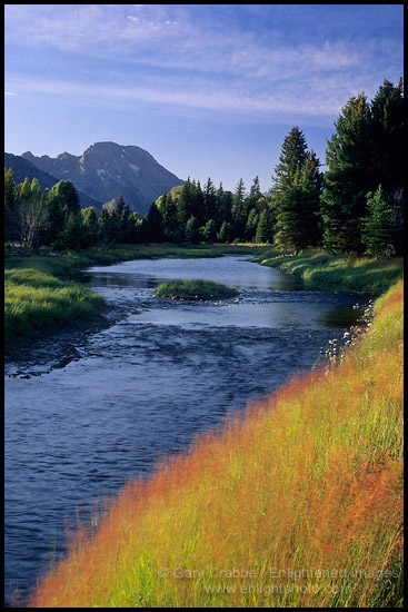 Photo: Side channel flow of the Snake River below Mt. Moran at sunset, Grand Teton Nat'l. Pk., WYOMING