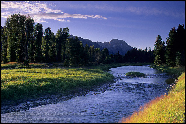 Side channel of the Snake River below Mt. Moran at sunset, Grand Teton National Park, Wyoming