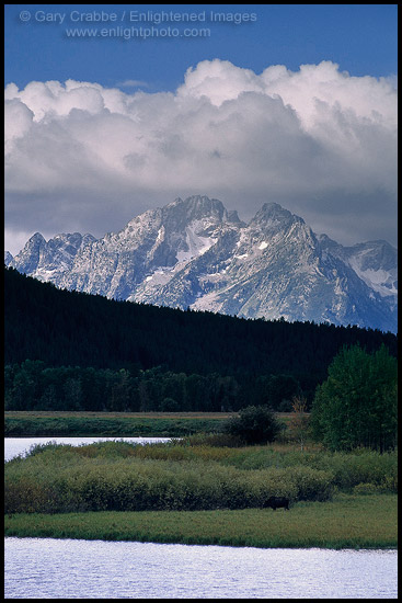 Teton Range dusted by first fall snow, from Oxbow Bend on the Snake River, Grand Teton National Park, Wyoming