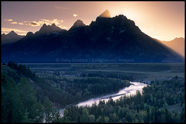 Sunset over the Grand Teton mountain from the Snake River Overlook, Grand Teton National Park, Wyoming