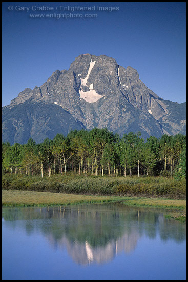 Mount Moran reflected in clear blue sky and water of the Snake River at Oxbow Bend, Grand Teton National Park, Wyoming