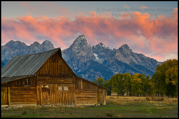 Sunrise light on old wooden barn and mountains, Grand Teton National Park, Wyoming