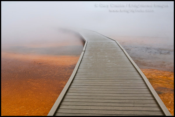 Photo: Tourist boardwalk and steam over the fragile ground at the Grand Prismatic Spring, Midway Geyser Basin, Yellowstone National Park, Wyoming
