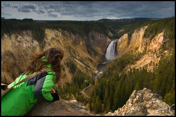Photo: Tourist at scenic Lookout Point overlook above Lower Yellowstone Falls, Yellowstone National Park, Wyoming