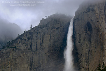 Upper Yosemite Falls on a rainy spring afternoon, Yosemite Valley, Yosemite National Park, California