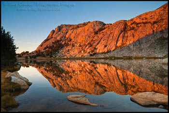 Photo: Sunset light on Fletcher Peak reflected in Vogelsang Lake, Yosemite National Park, California