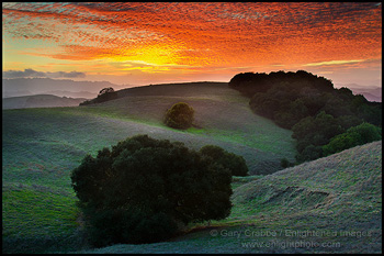 Photo: Red clouds at sunset over oak trees and hills, Briones Regional Park, Contra Costa County, California