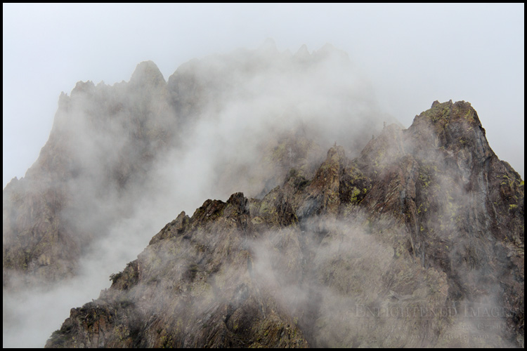 Image: Rugged mountain peaks coming out of the clouds along McGee Creek, Eastern Sierra, California