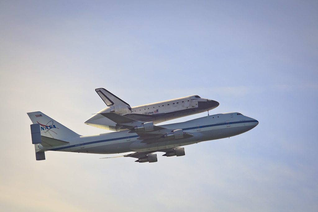 Image: Space Shuttle Endeavour on her final farewell tour of the United States, being ferried piggyback on a 747, California