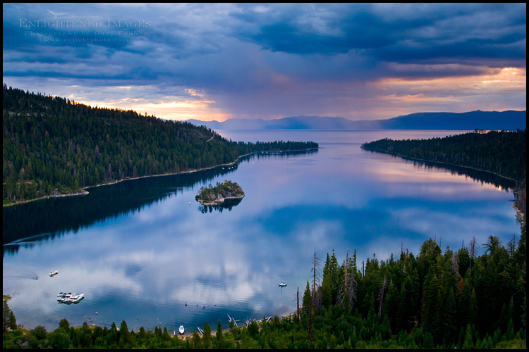 Image: Rain storm clouds at sunrise over the still waters of Emerald Bay State Park, South Lake Tahoe region, California