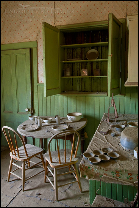 Image: Empty cupboards in abandoned kitchen, Bodie State Historic Park, California