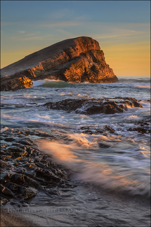 Image: Sunset light on Greyhound Rock, San Mateo County coast, California