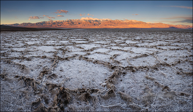 Image: Panorama of the salt formations at sunrise in the Badwater Basin, (at 282 feet below sea level, it's the lowest elevation in North America) Death Valley National Park, California.