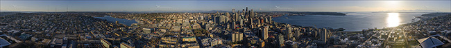 Image: 360-degree view of downtown Seattle from the top of the Seattle Space Needle, Seattle, Washington State
