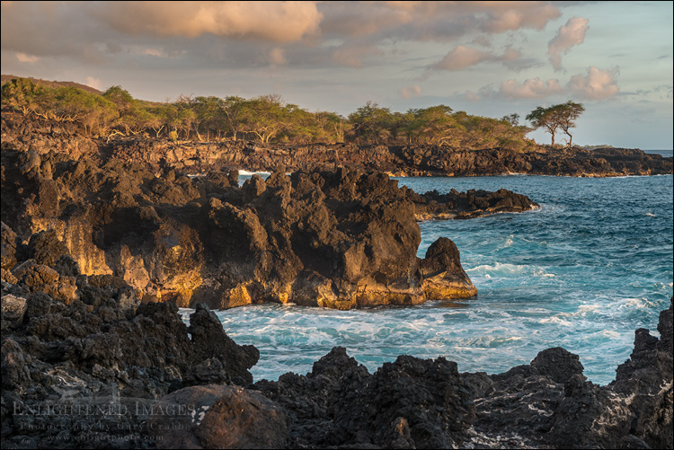 Image: Waves breaking against lava rocks on the coast at The End of the World, North Kona District, Big Island, Hawaii