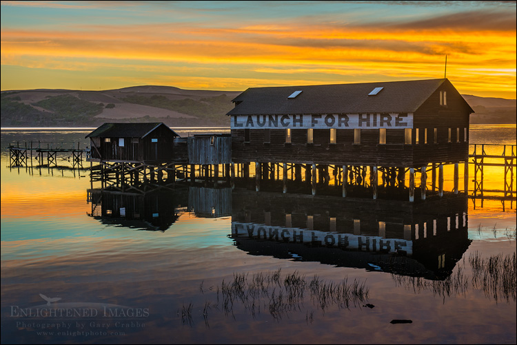 Image: Sunrise over boat launch building on Tomales Bay at Inverness, near Point Reyes, Marin County, California