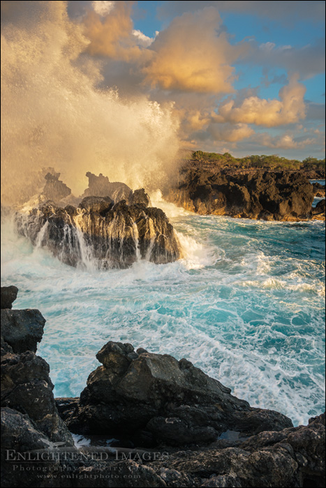 Image: Waves crashing against coastal lava rocks at sunset at The End of the World, Maihi Bay, near Keauhou, South Kona District, Big Island of Hawai'i, Hawaii