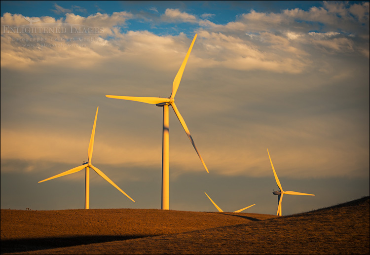 Image: Wind turbine power-generating windmills at sunset, Montezuma Hills, Solano County, California