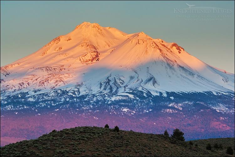 Image: Sunset light on the snow-capped Mount Shasta, Siskiyou County, California