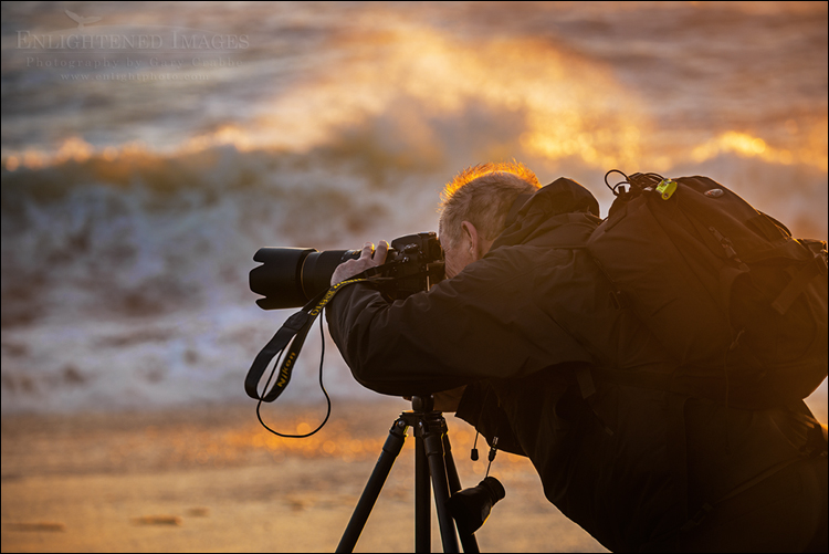 Image: SPhotographer shooting at sunset along the Great Beach, Point Reyes National Seashore, Marin County, California