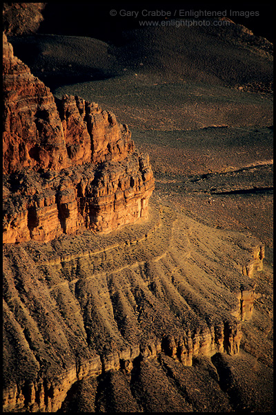 Photo: Sunset light on interior eroded canyon cliff walls, Grand Canyon National Park, Arizona